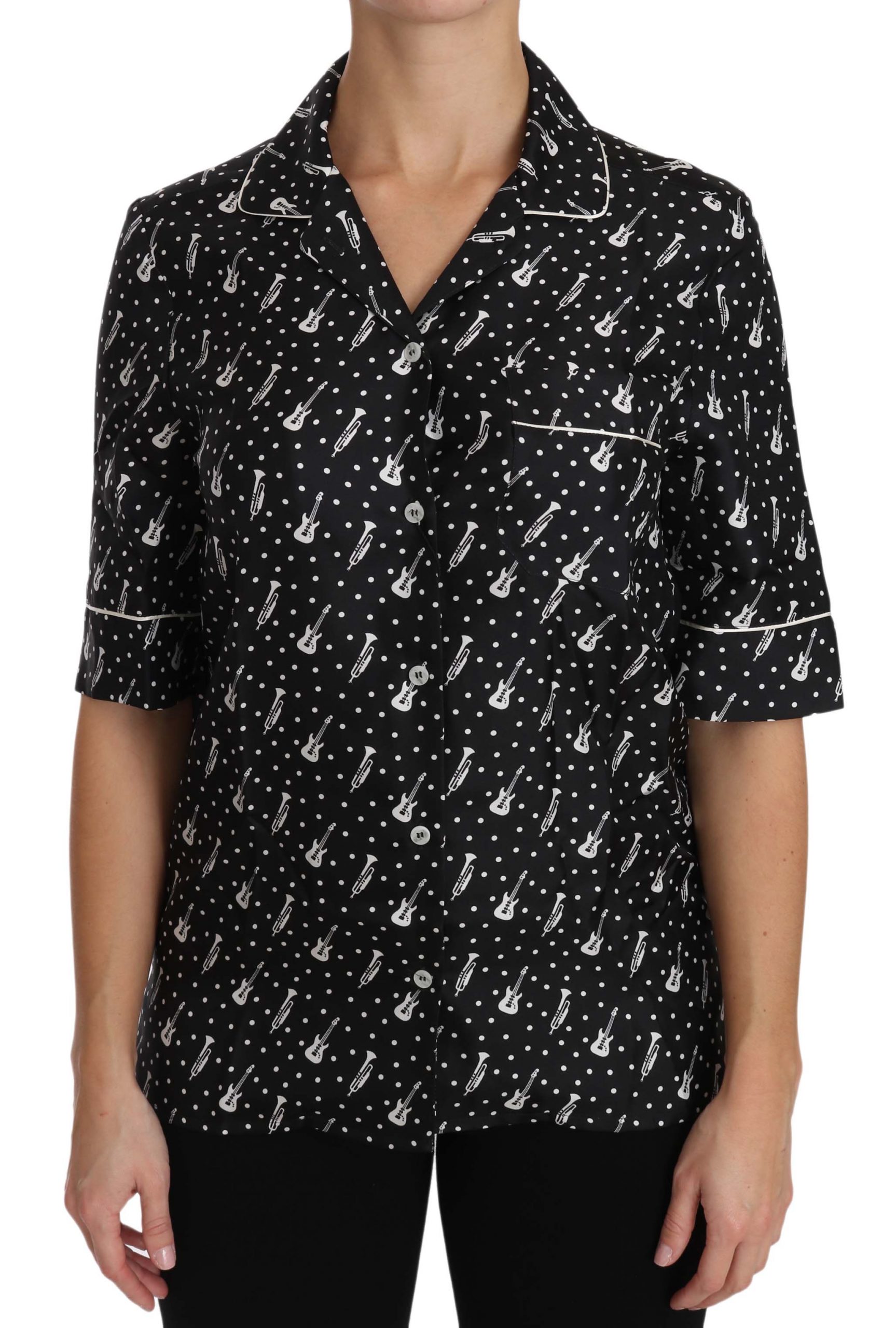 Dolce & Gabbana Women's Guitar & Trumpet Print Silk Shirt Black TSH3181 - IT42|M