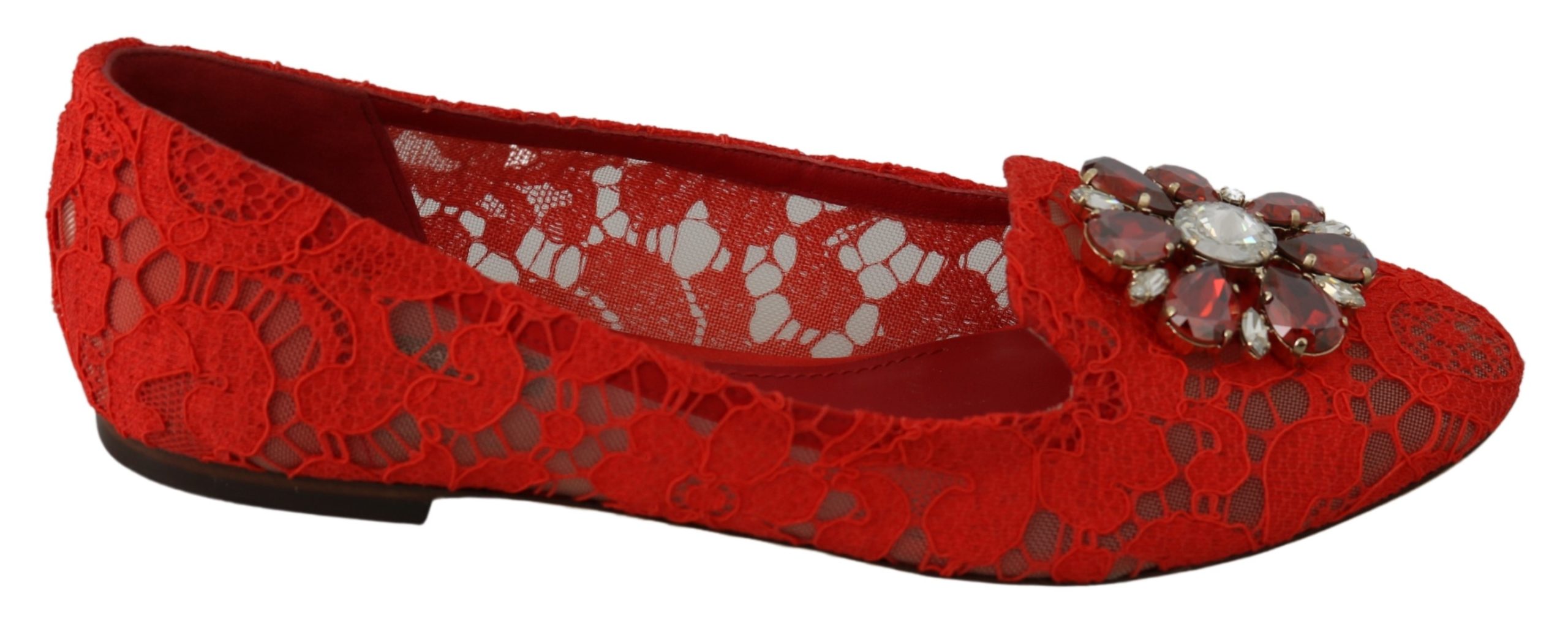 Dolce & Gabbana Women's Lace Crystals Pizzo Lace Flats Red LA7295 - EU37.5/US7
