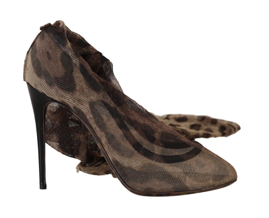 Dolce & Gabbana Women's Leopard Tulle Long Socks Pumps Brown LA5183 - EU41/US10.5