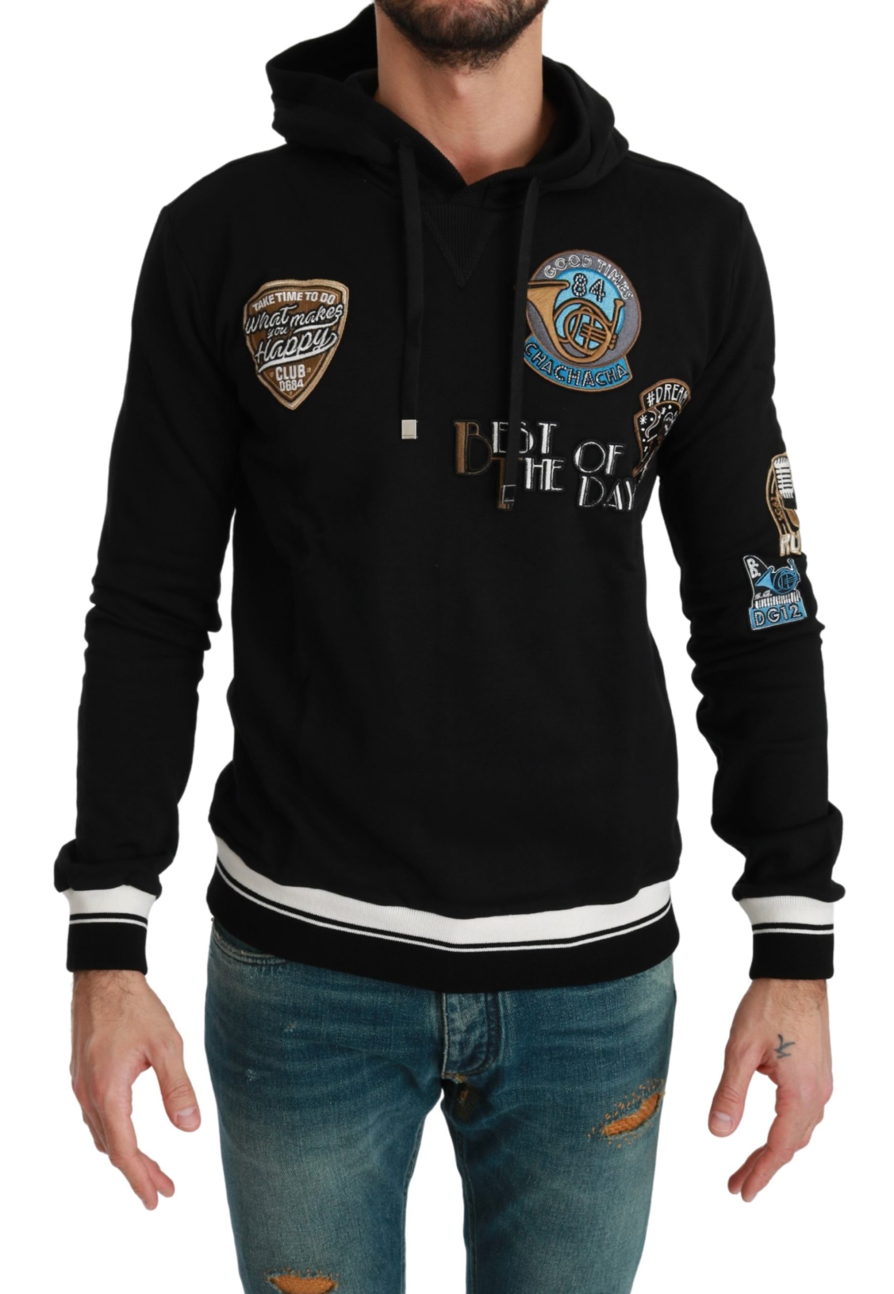Dolce & Gabbana Men's Cotton Patched Hooded Pullover Black TSH4583 - IT46 | S