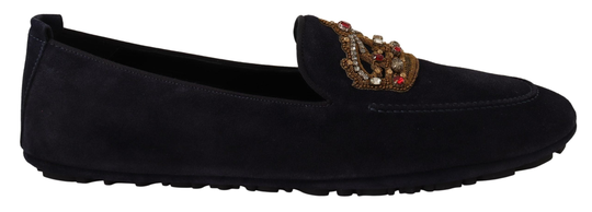 Dark Blue Leather Crystal Crown Loafer Shoes - EU40/US7