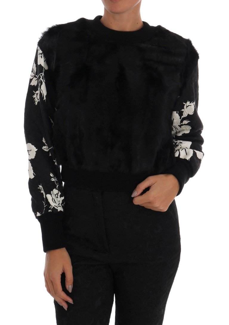 Dolce & Gabbana Women's Fur Floral Brocade Zipper Sweater Black JKT1047 - IT36 | XS