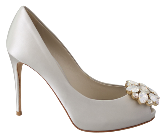 White Crystals Peep Toe Heels Satin Pumps Shoes - EU35/US4.5