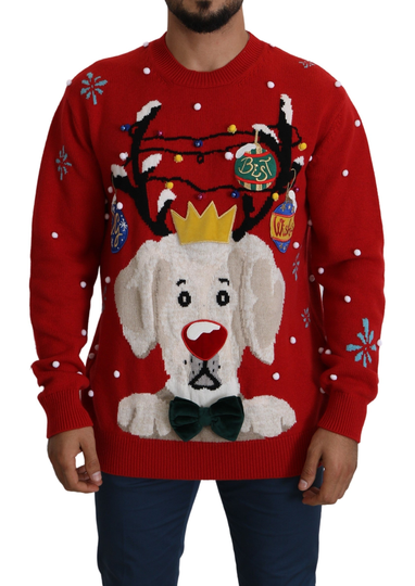 Red Christmas Dog Pullover Cashmere Sweater - IT48 | M