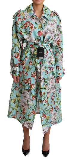 Blue Floral Silk Belted Trench Coat Jacket - IT36 | XS