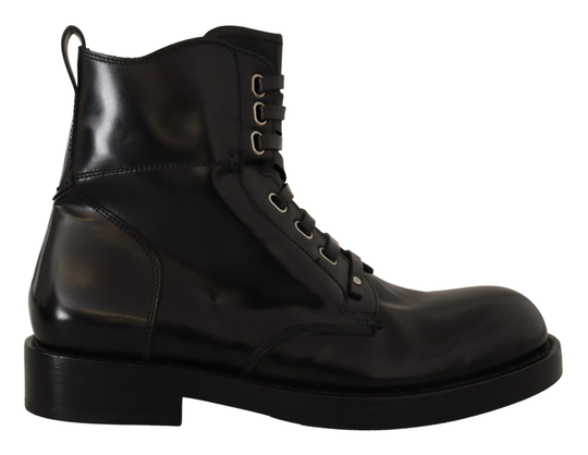 Black Leather Combat Lace Up Boots - EU40/US7