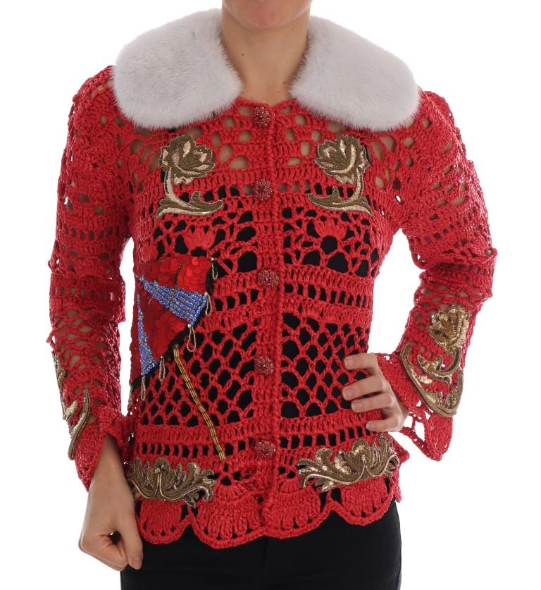 Dolce & Gabbana Women's Fairy Tale Fur Crystal Cardigan Red JKT1114 - IT46 | L