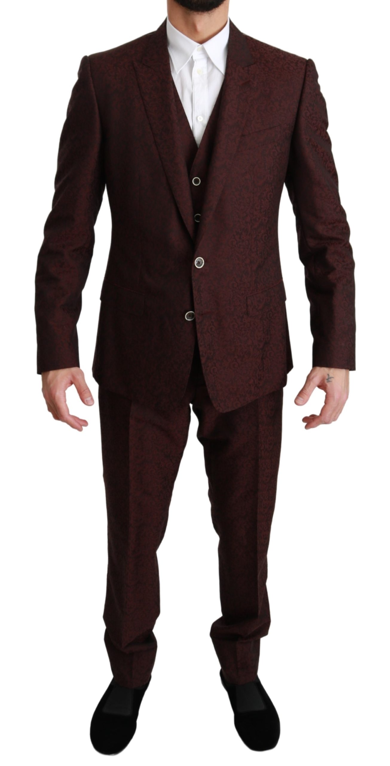 Dolce & Gabbana Men's Brocade 3 Piece Wool MARTINI Suit Bordeaux KOS1629 - IT50 | L