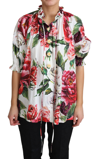 Multicolor Peony Print Cotton Blouse Tops - IT38|XS