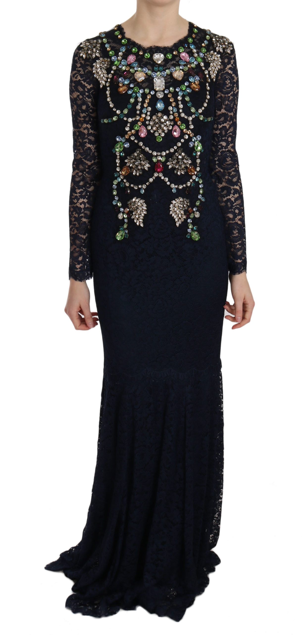 Dolce & Gabbana Women's Crystal Floral Lace Long Gown Dress Blue DR1665 - IT38|XS
