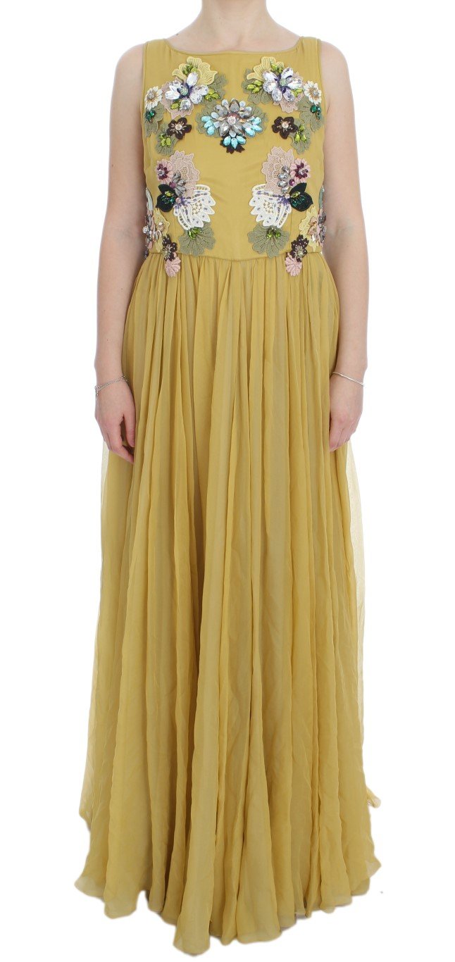 Dolce & Gabbana Women's Silk Crystal Applique Shift Dress Yellow DRE10037 - IT46|XL