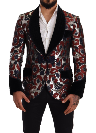 Blue Red Silver Coat Metallic Floral Blazer - IT48 | M