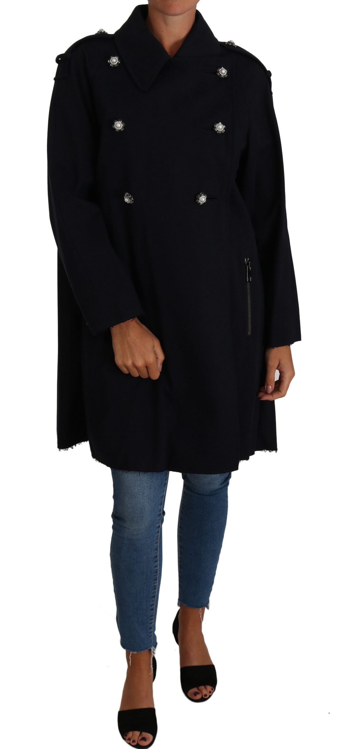Dolce & Gabbana Women's Crystal Buttons Trench A-Line Coat Blue JKT2226 - IT42|M
