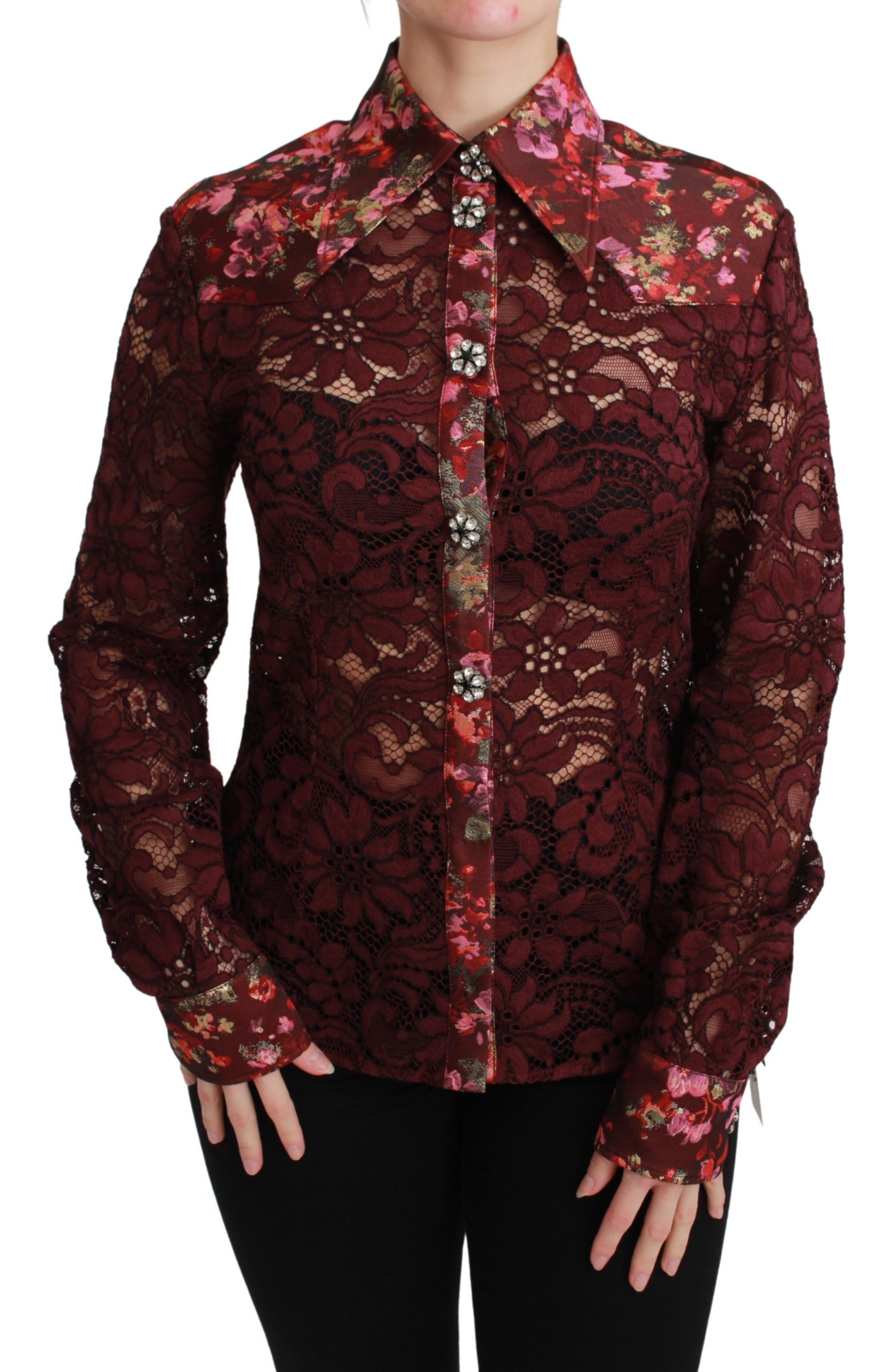 Dolce & Gabbana Women's Lace Floral Crystal Shirt Bordeaux TSH2672BG - IT38|XS