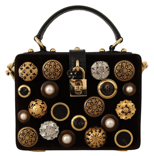 Brown Velvet Black Iguana Leather Buttons BOX Bag