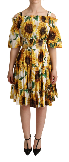 Yellow Sunflowers Print Open Shoulder Dress - IT42|M