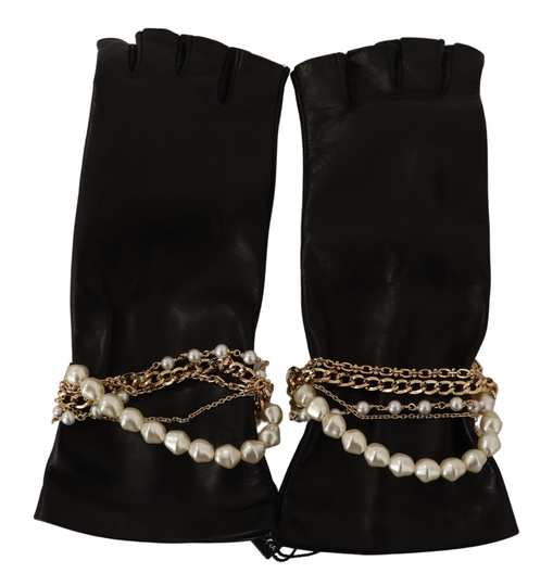 Black Leather Golden Chains Fingerless Gloves - 8.5|L
