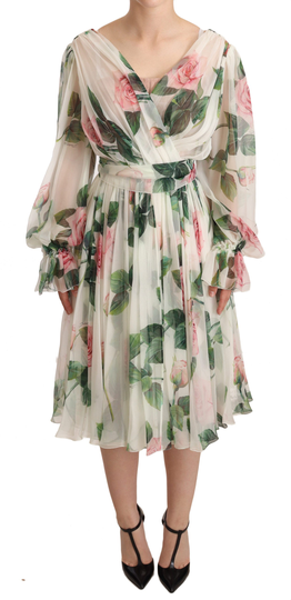 White Roses Print Silk Chiffon Midi Dress - IT36 | XS