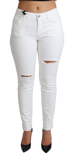 White Tattered Skinny Denim Cotton Stretch Jeans - IT46|XL