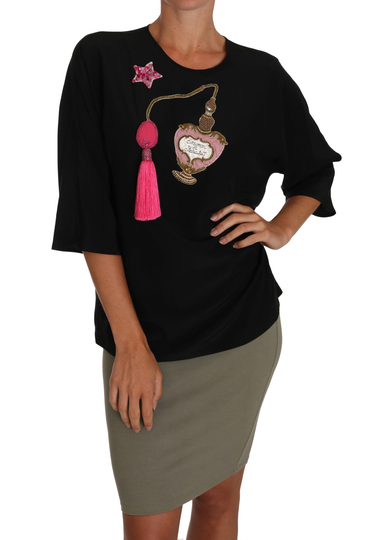 Black Silk Fairy Tale Top Crystal Blouse T-shirt - IT42|M