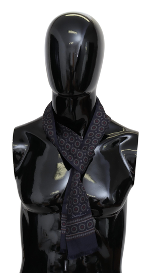 Navy Blue Patterned Silk Fringe Neck Wrap Scarf