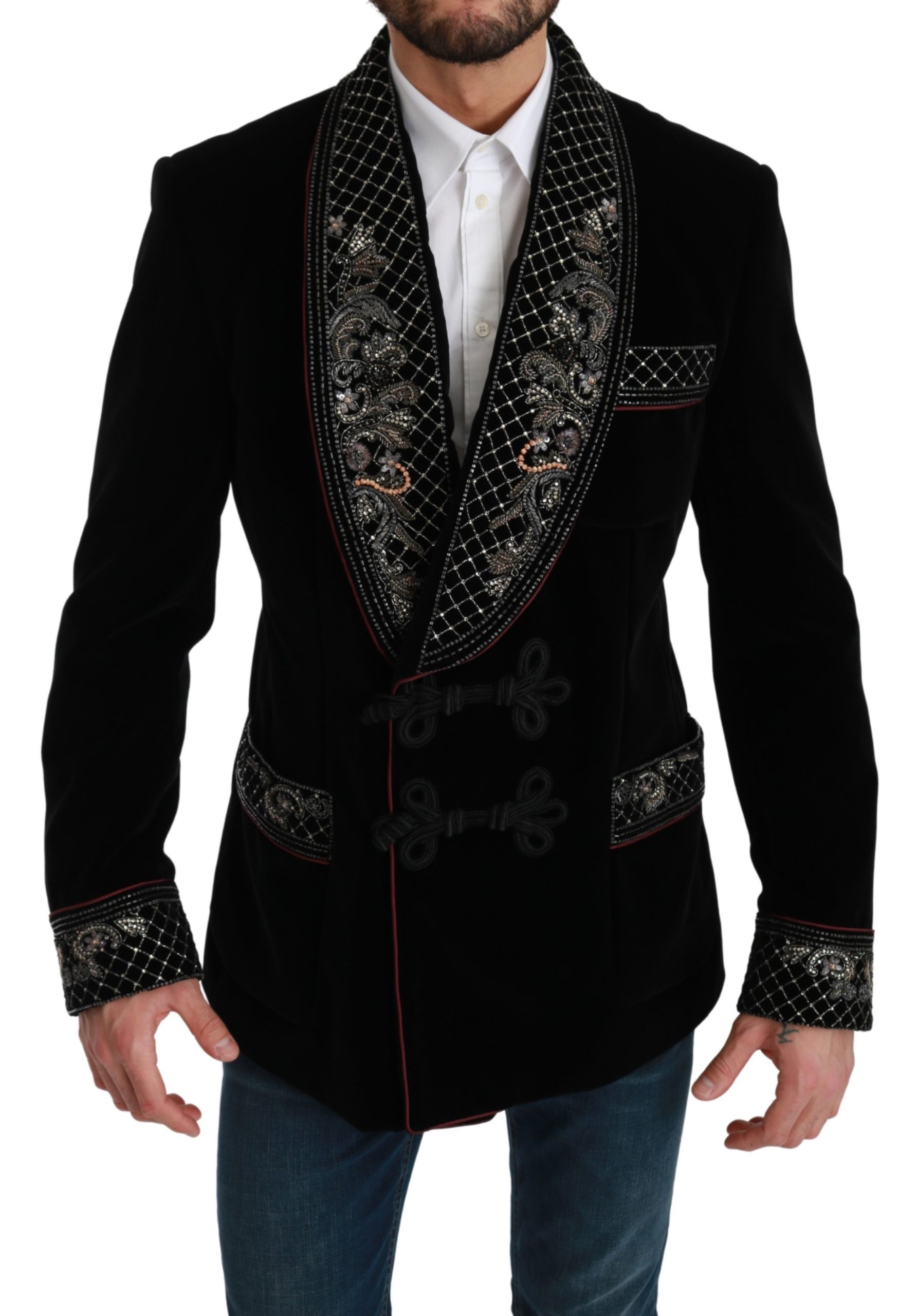 Dolce & Gabbana Men's Beaded Velvet Crystal Blazer Black KOS1763 - IT52 | L