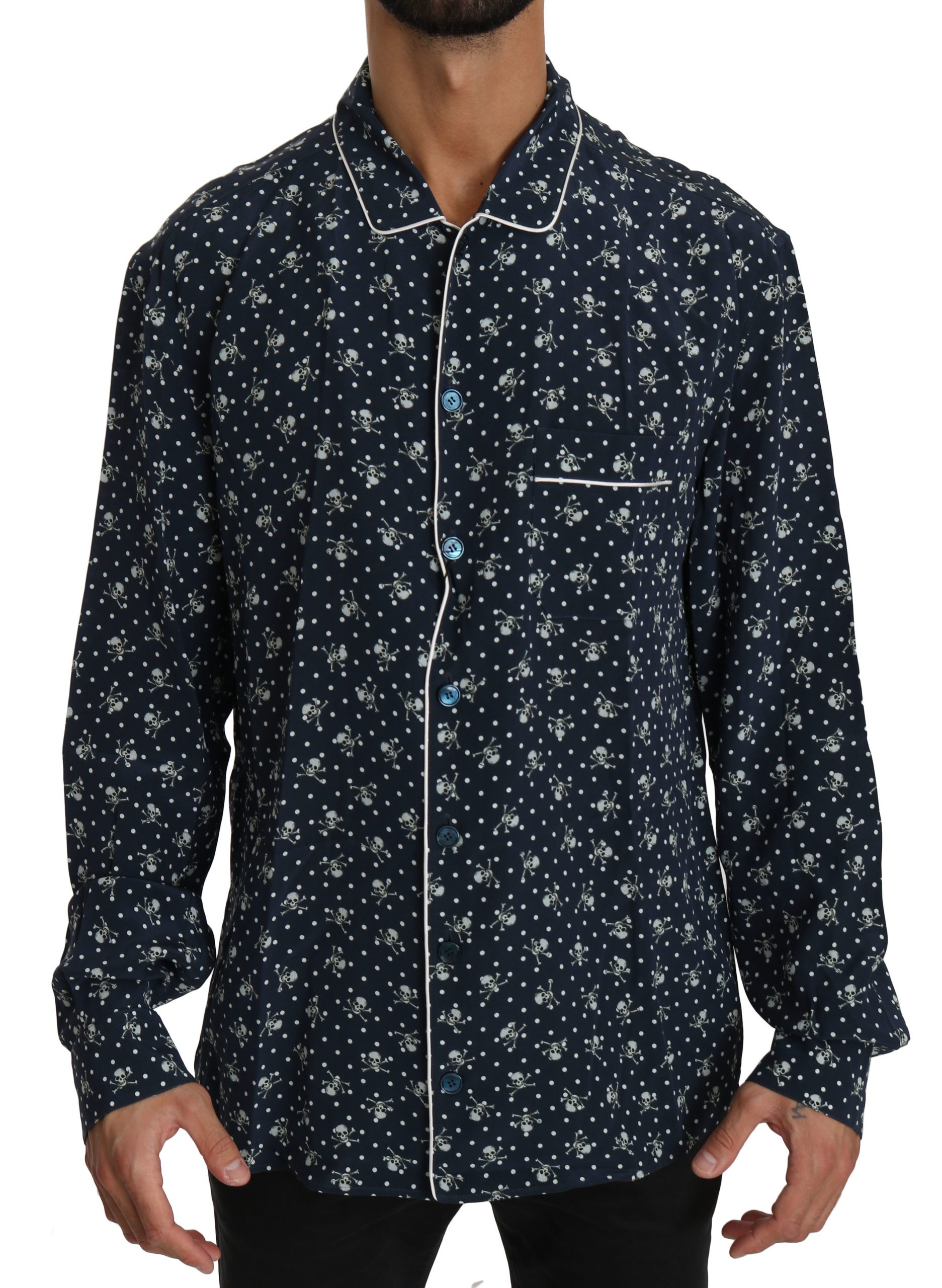 Dolce & Gabbana Men's Skull Print Silk Sleepwear Shirt Blue TSH4014 - IT41 | L