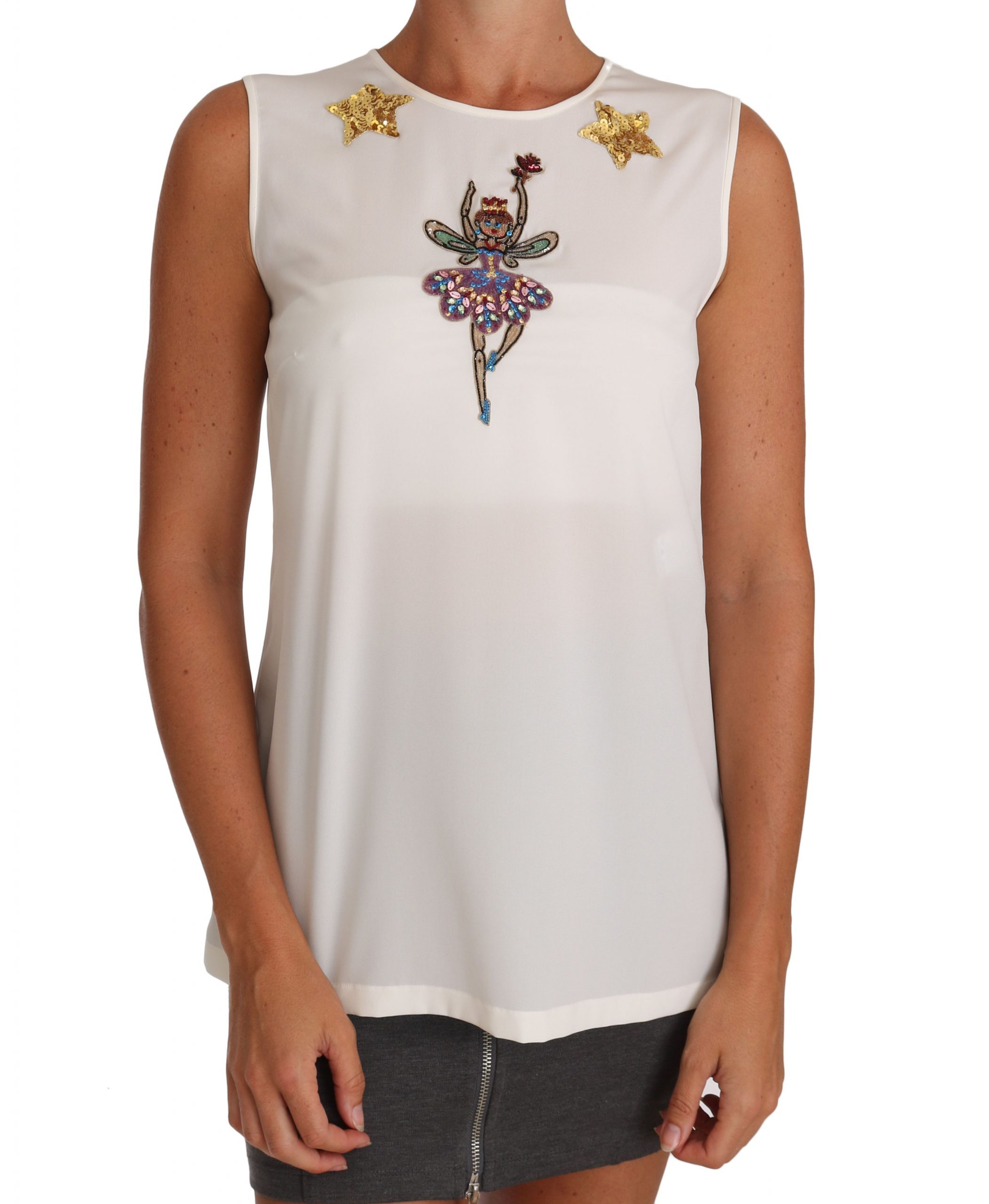 Dolce & Gabbana Women's Silk Sleeeveless Crystal Tops White TSH2669 - IT40|S