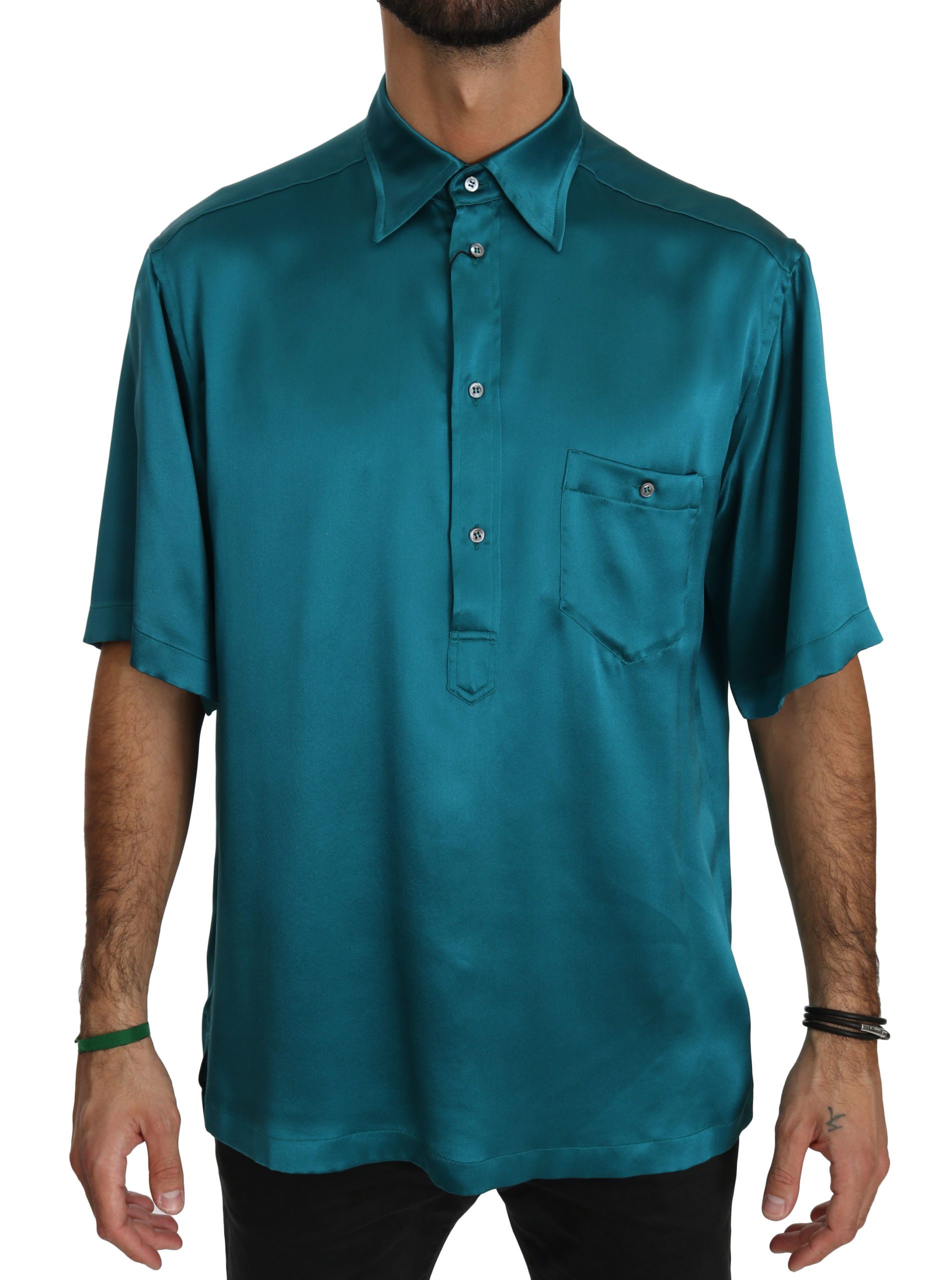 Dolce & Gabbana Men's Short Sleeve 100% Silk Shirt Blue TSH4016 - IT40 | M
