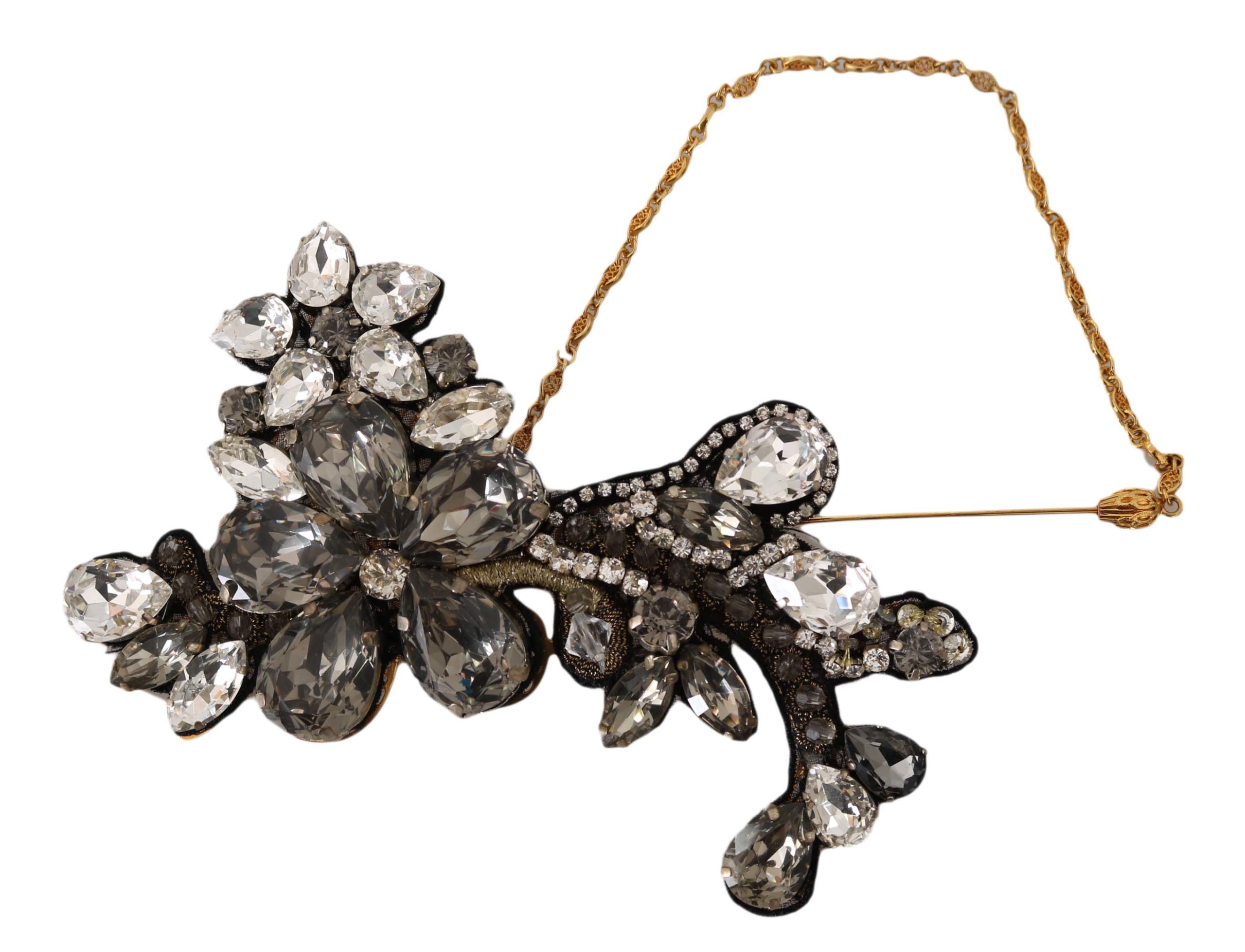 Dolce & Gabbana Women's Lapel Pin Chain Clear Gray Crystal Flower Brooch Gold SMYK1008