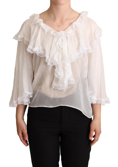 White Silk Long Sleeves Lace Blouse - IT38|XS