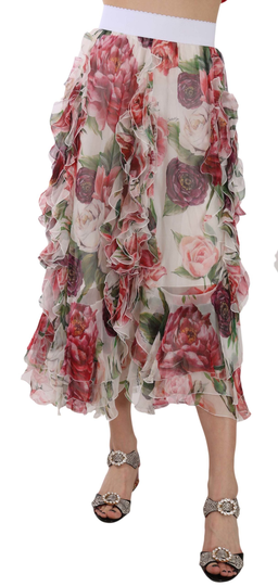 Multicolor Roses Silk Ruffle High Waist Skirt - IT46|XL