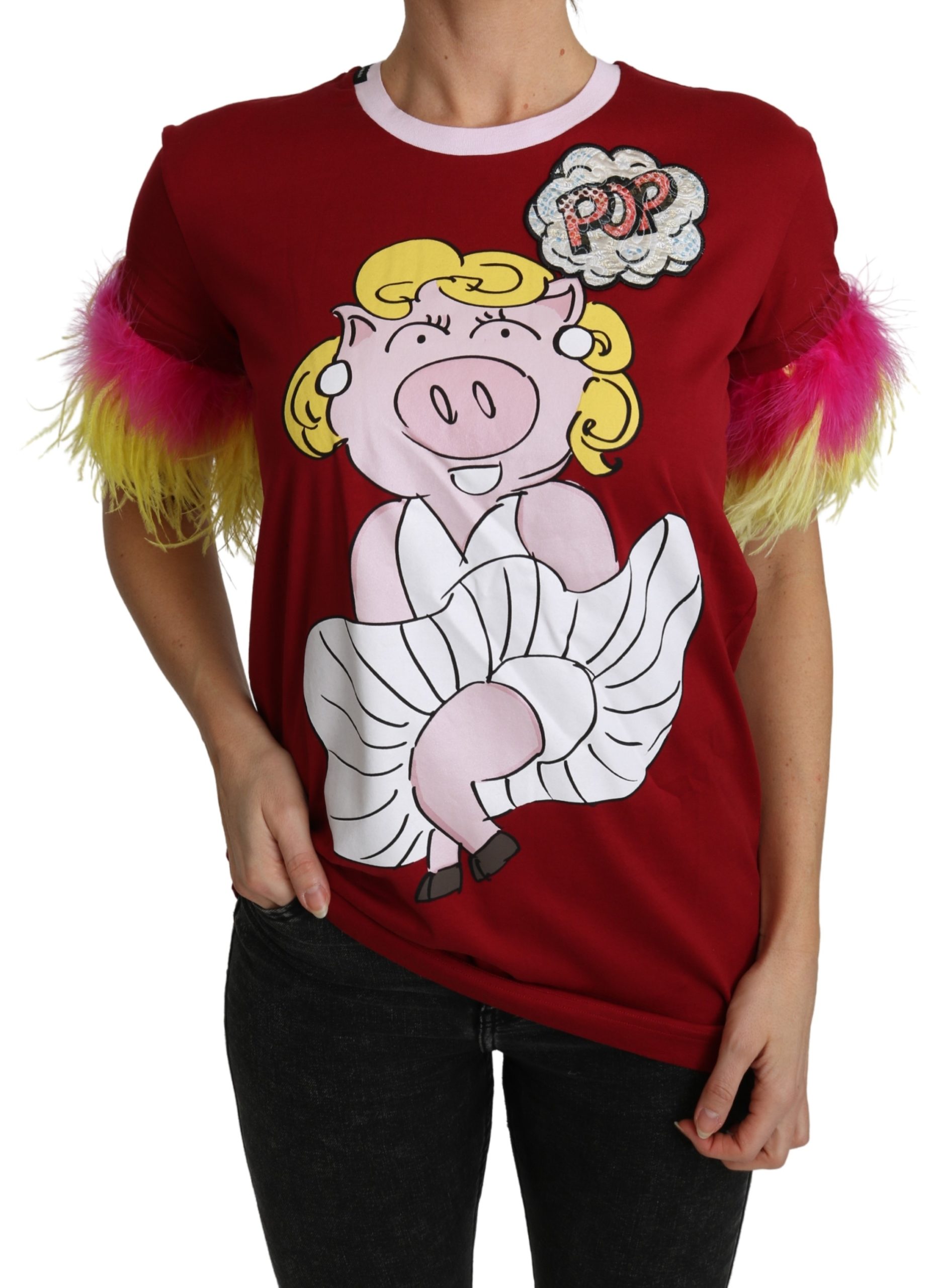 Dolce & Gabbana Women's Pig Print Feather Sleeves T-Shirt Red TSH4846 - IT36 | XS
