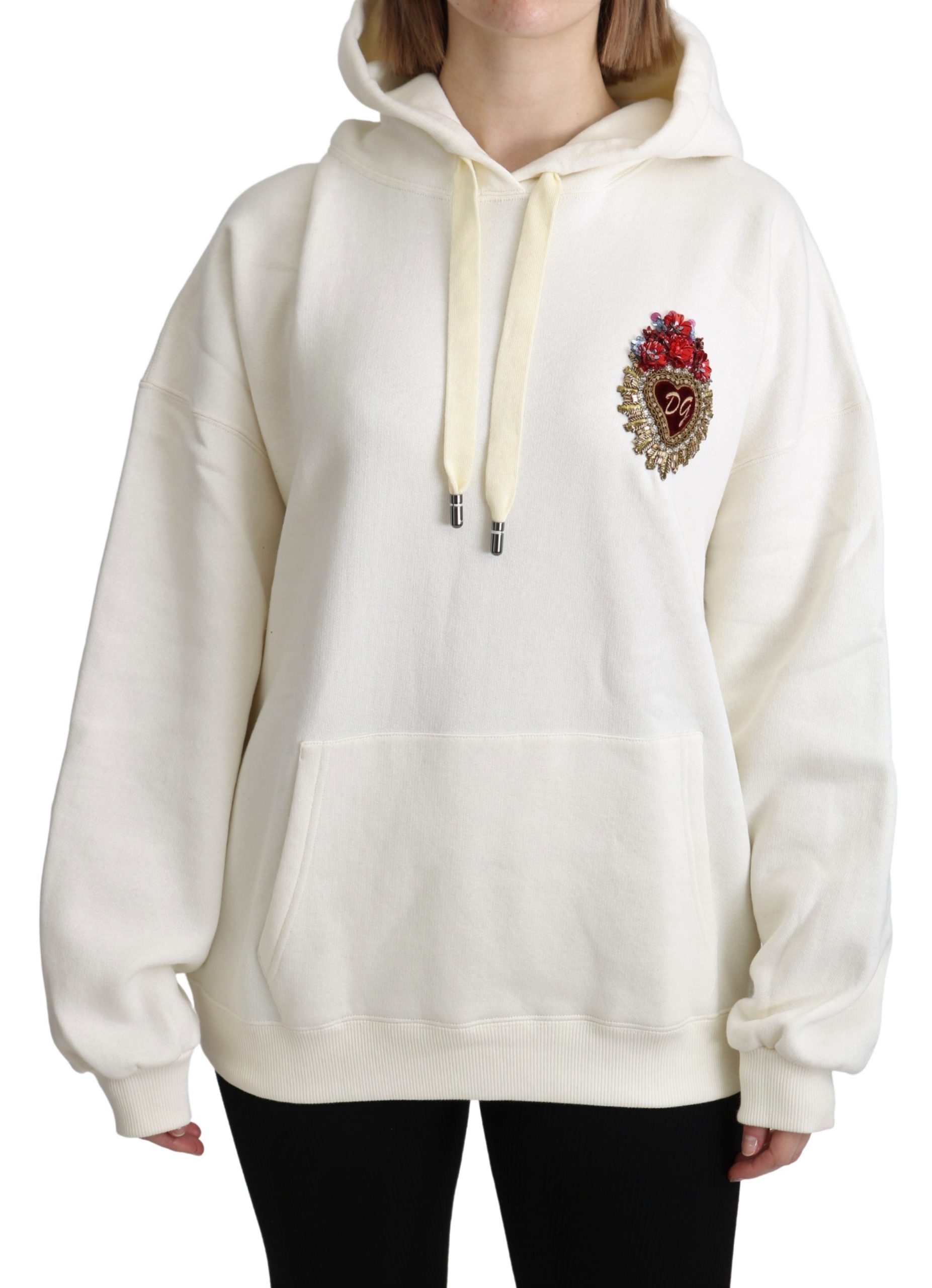 Dolce & Gabbana Women's Crystal Heart Hooded Pullover Sweater White TSH5155 - IT40|S
