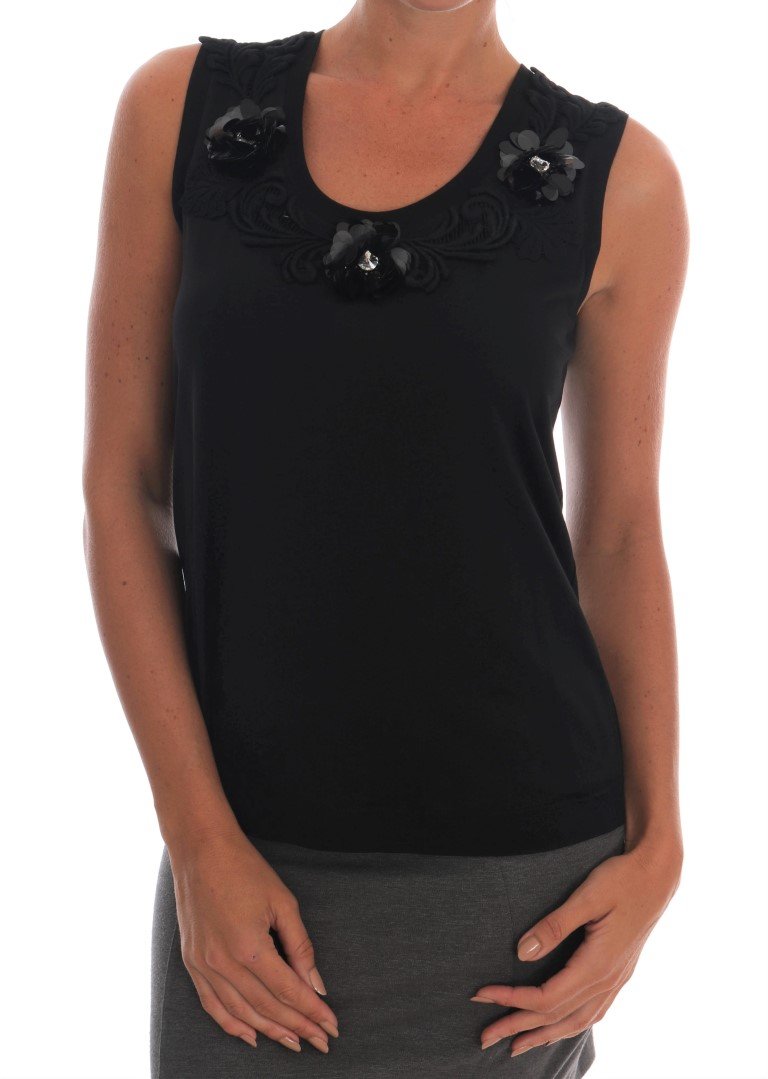 Dolce & Gabbana Women's Cotton Floral Crystal Tank Top Black TSH1449 - IT40|S
