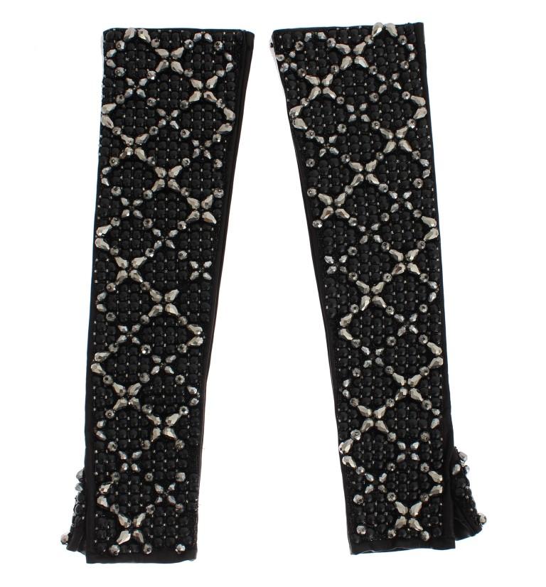 Dolce & Gabbana Women's Leather Crystal Finger Free Gloves Black SIG16559 - 7|S