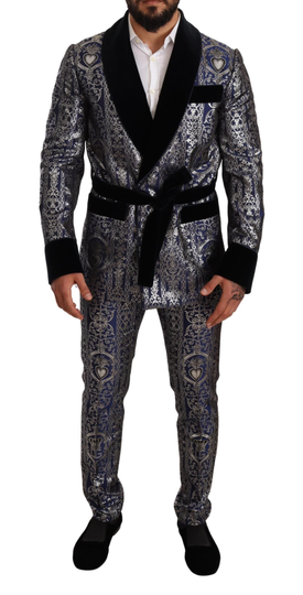 Blue Silver Jacquard Robe 2 Piece Set Slim Suit - IT48 | M