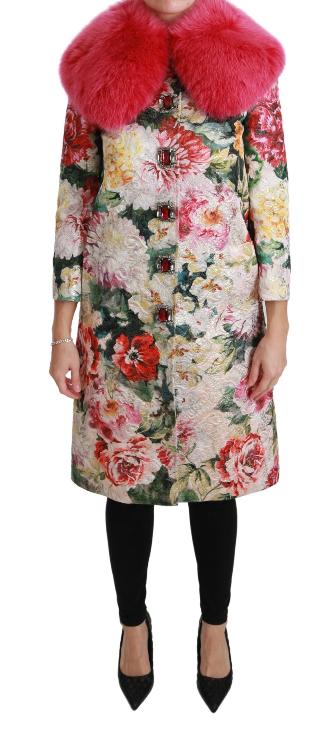 Dolce & Gabbana Women's Fur Floral Crystal Trenchcoat Jacket Pink JKT2570 - IT40|S