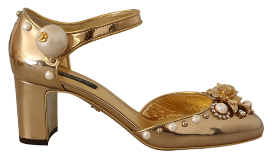 Gold Leather Studded Crystal Ankle Strap Shoes - EU37.5/US7