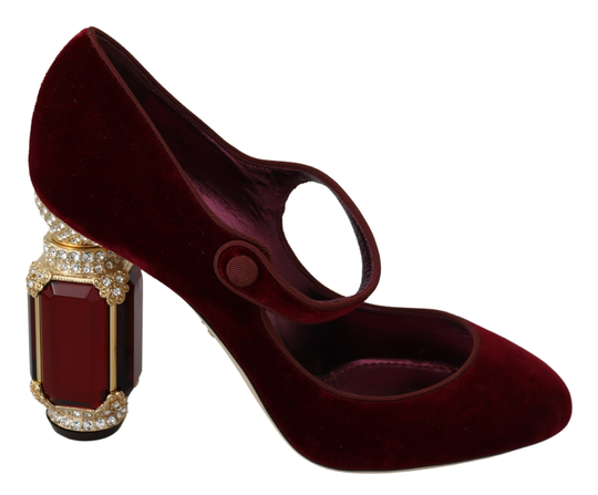 Red Velvet Gold Crystals Heels Mary Jane Shoes - EU39/US8.5