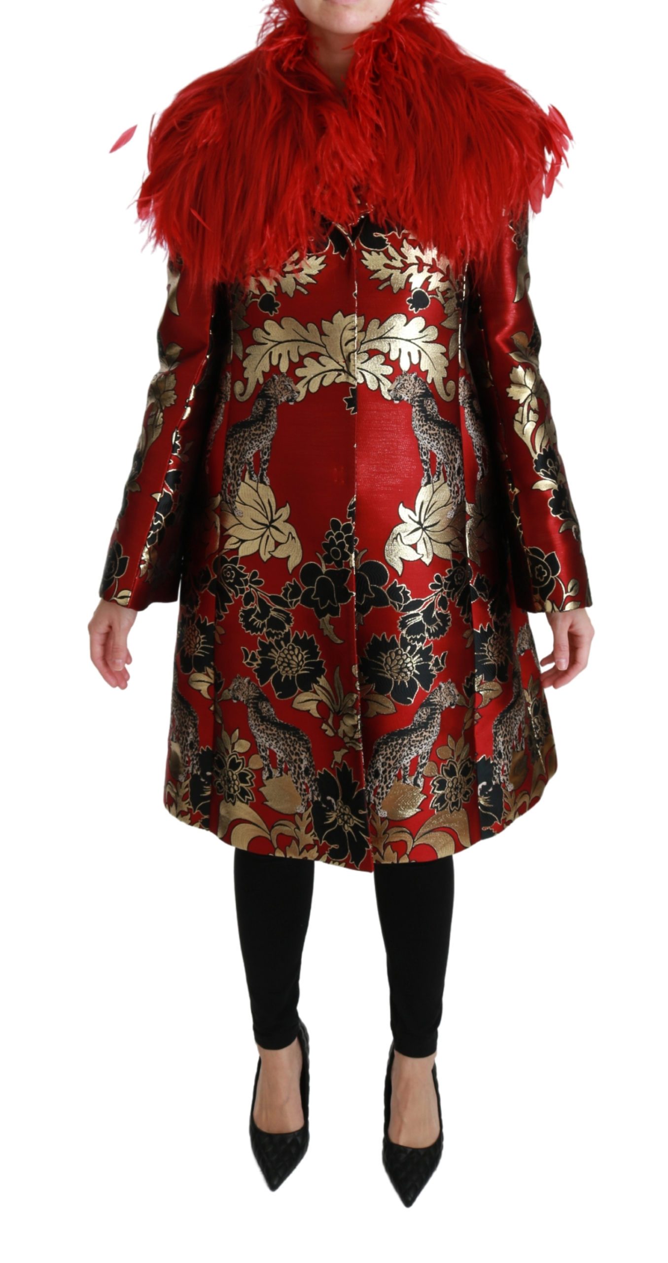 Dolce & Gabbana Women's Fur Floral Leopard Trenchcoat Jacket Red JKT2571 - IT40|S