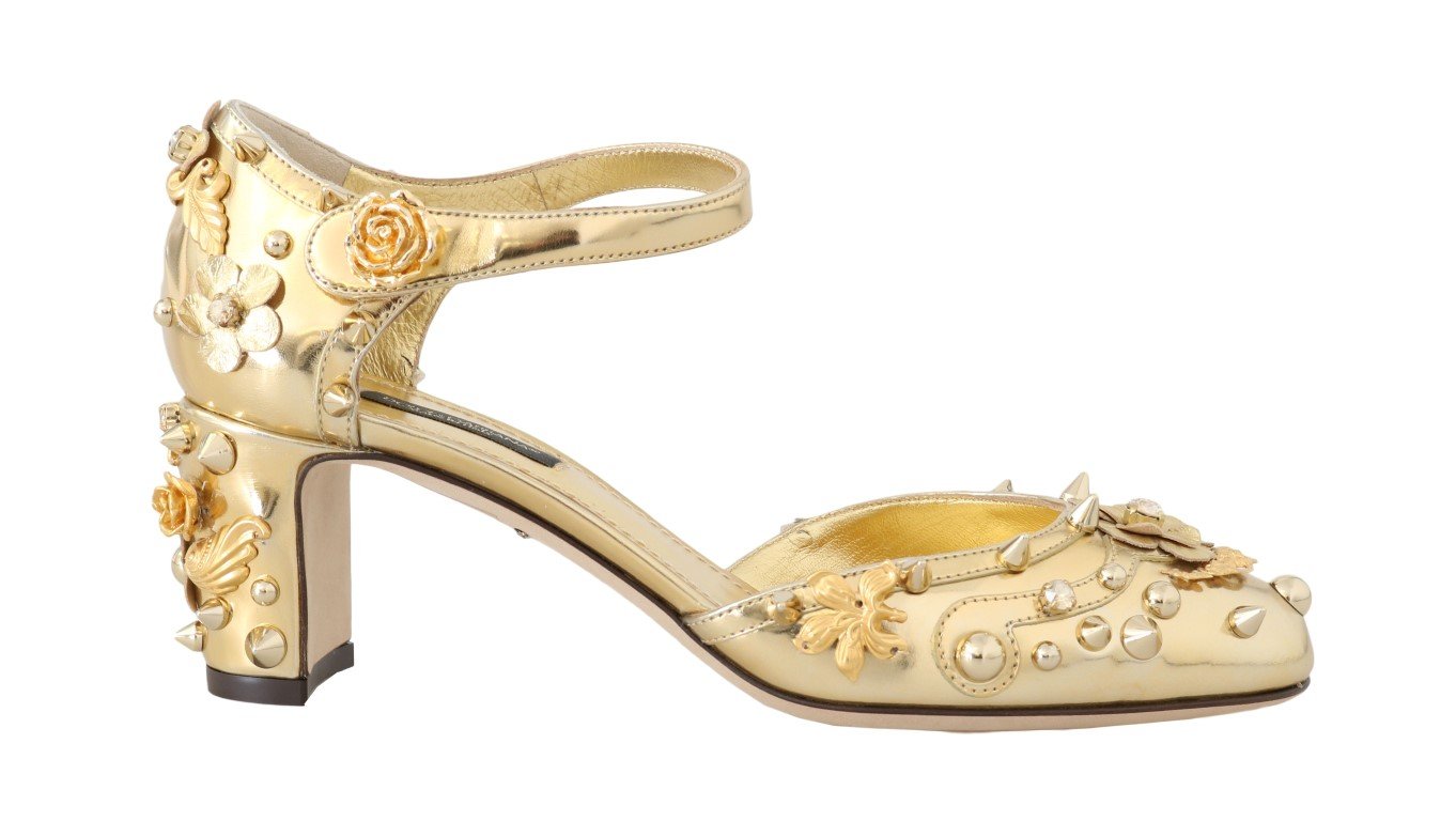 Dolce & Gabbana Women's Leather Floral Studded Pumps Gold LA4325 - EU36/US5.5