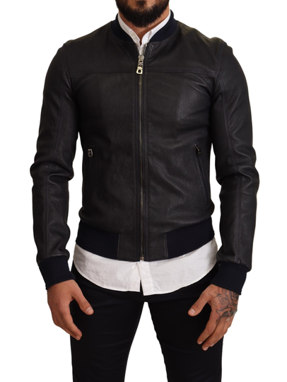 Blue Leather Full Zip Bomber Men Jacket - IT48 | M