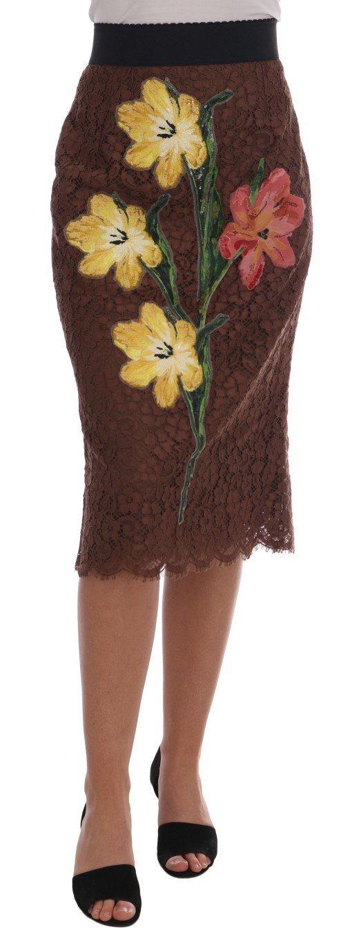 Dolce & Gabbana Women's Floral Lace Pencil Skirt Brown SKI1115 - IT46|XL