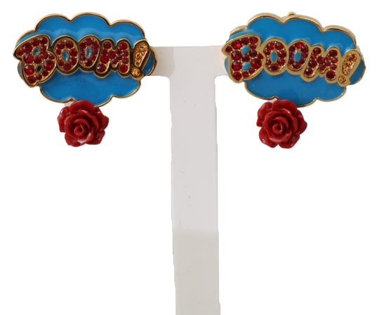Gold Brass BOOM Red Rose Crystal Clip-On Earrings