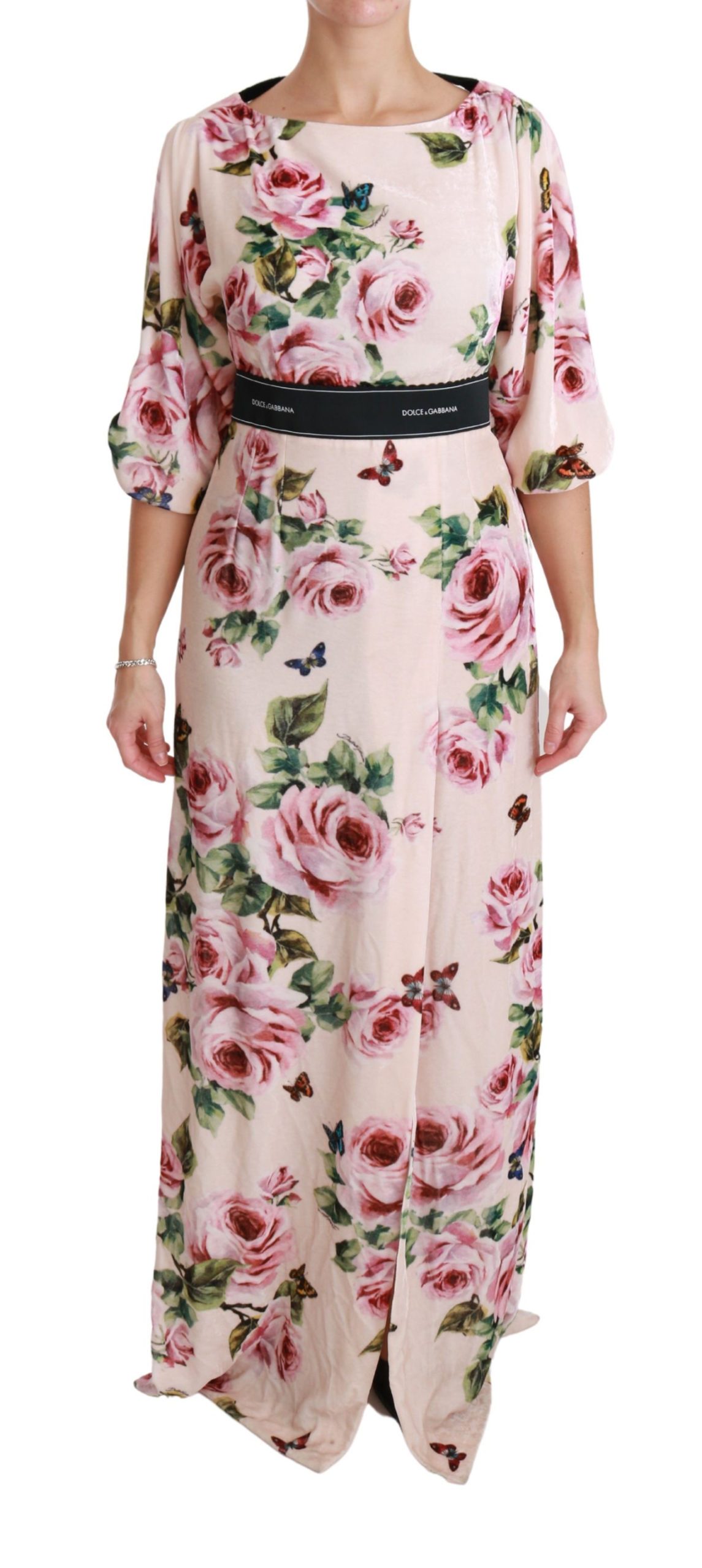 Dolce & Gabbana Women's Roses Butterfly DG Logo Slit Dress Pink DR2456 - IT42|M