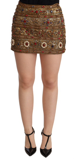 Gold Crystal Jacquard High Waist Skirt - IT38|XS