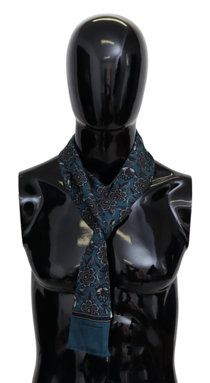Blue Floral Skinny Neck Wrap Fringe Scarf Silk