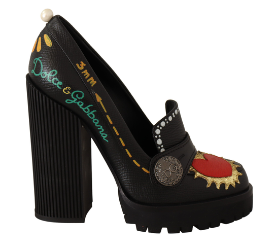 Black Leather Heart Embellished Pumps Shoes - EU39/US8.5