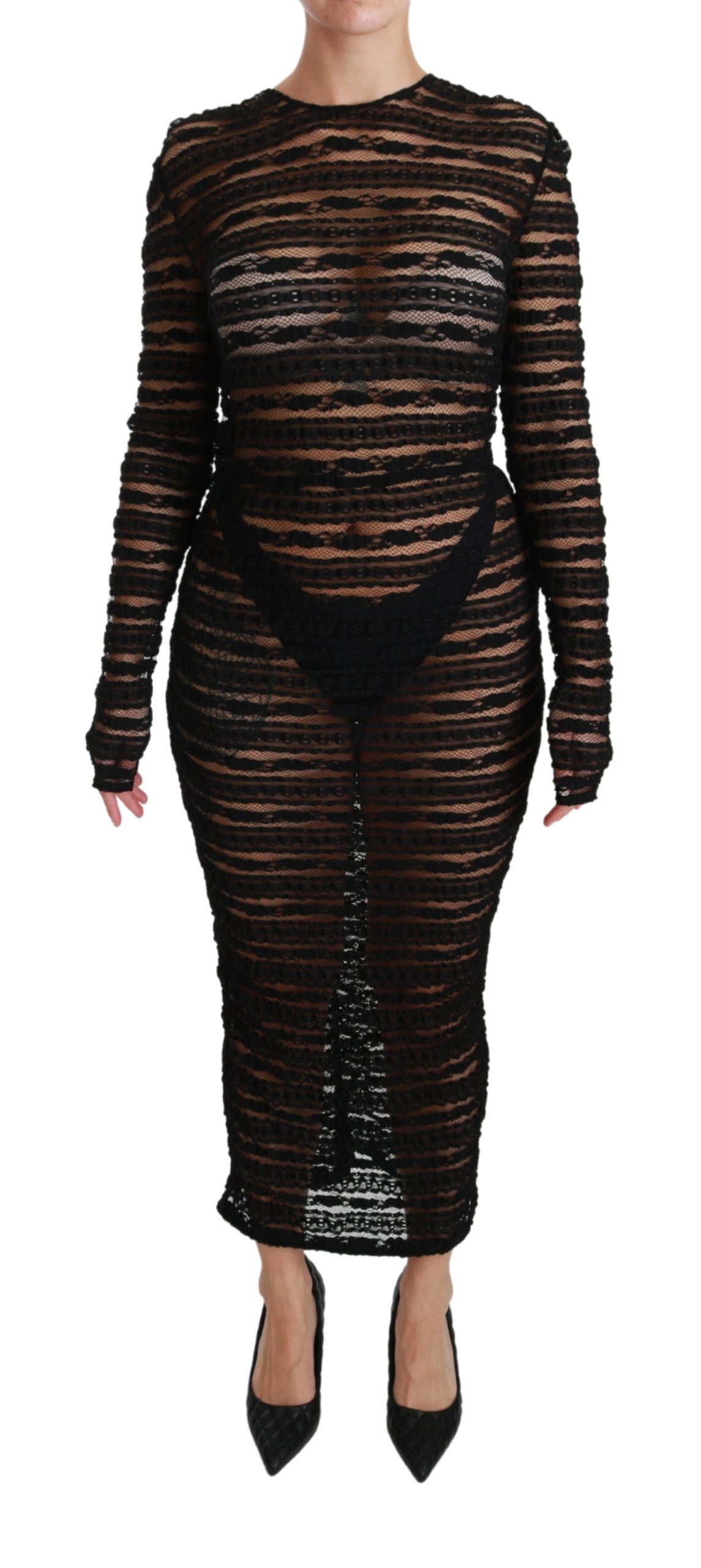 Dolce & Gabbana Women's LS Lace Midi Bodycon Dress Gold Black DR2495 - IT46|XL